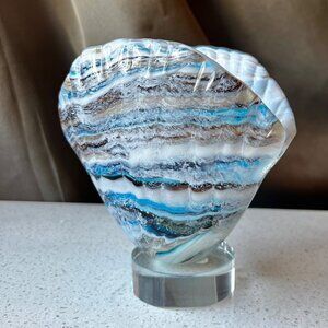 Handcrafted Blown Glass Shell Sculpture With Oceanic Swirls On Clear Base